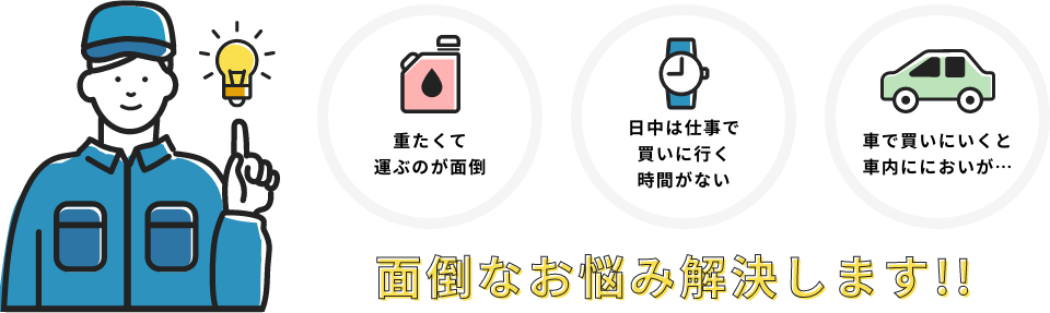 重たくて運ぶのが面倒、日中は仕事で買いに行く時間がない、車で買いにいくと車内ににおいが…。面倒なお悩み解決します!!